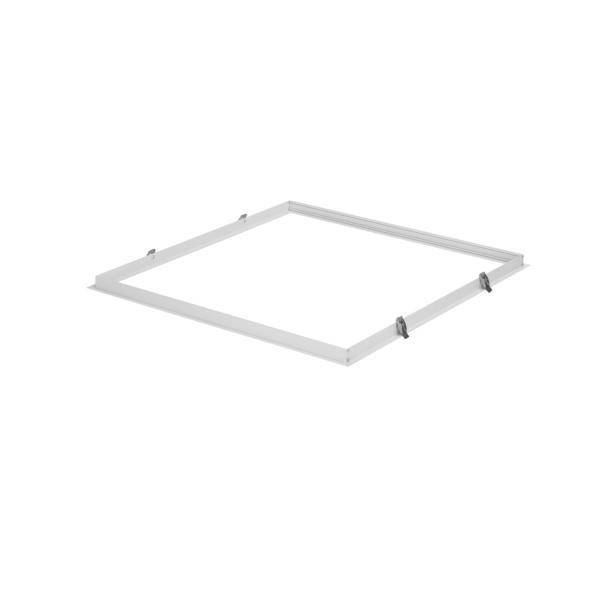 Weißer quadratischer Metallrahmen mit Klammern, dargestellt auf einfachem weißem Hintergrund.