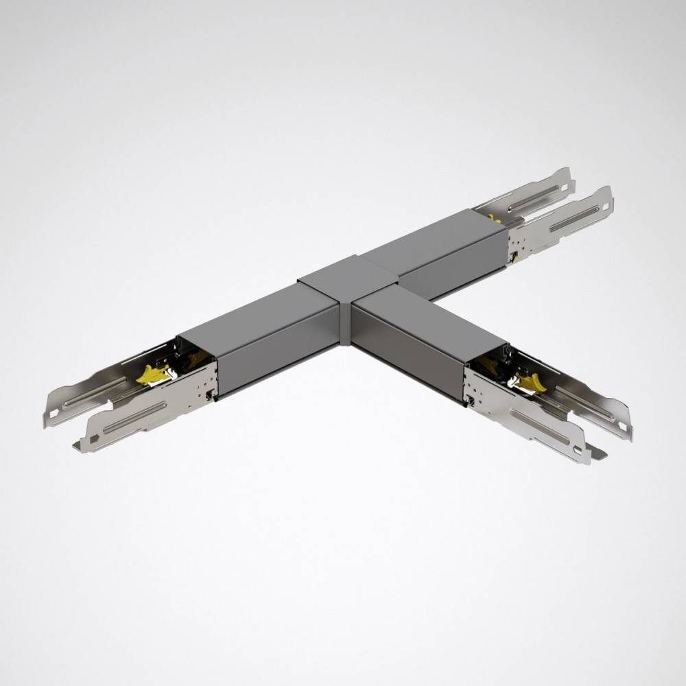 Ein X-förmiger Metallverbinder, der zum Verbinden oder Abstützen von Strukturelementen verwendet wird und vier ausladende Arme sowie eine robuste zentrale Verbindungsstelle aufweist.