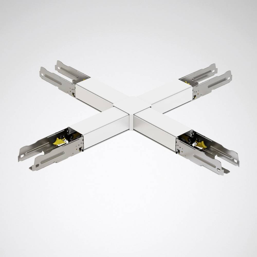 X-förmige weiße Metallstruktur mit vier ausgestreckten Armen, die jeweils mechanische Komponenten und Halterungen an den Enden aufweisen, auf einem einfarbigen Hintergrund.