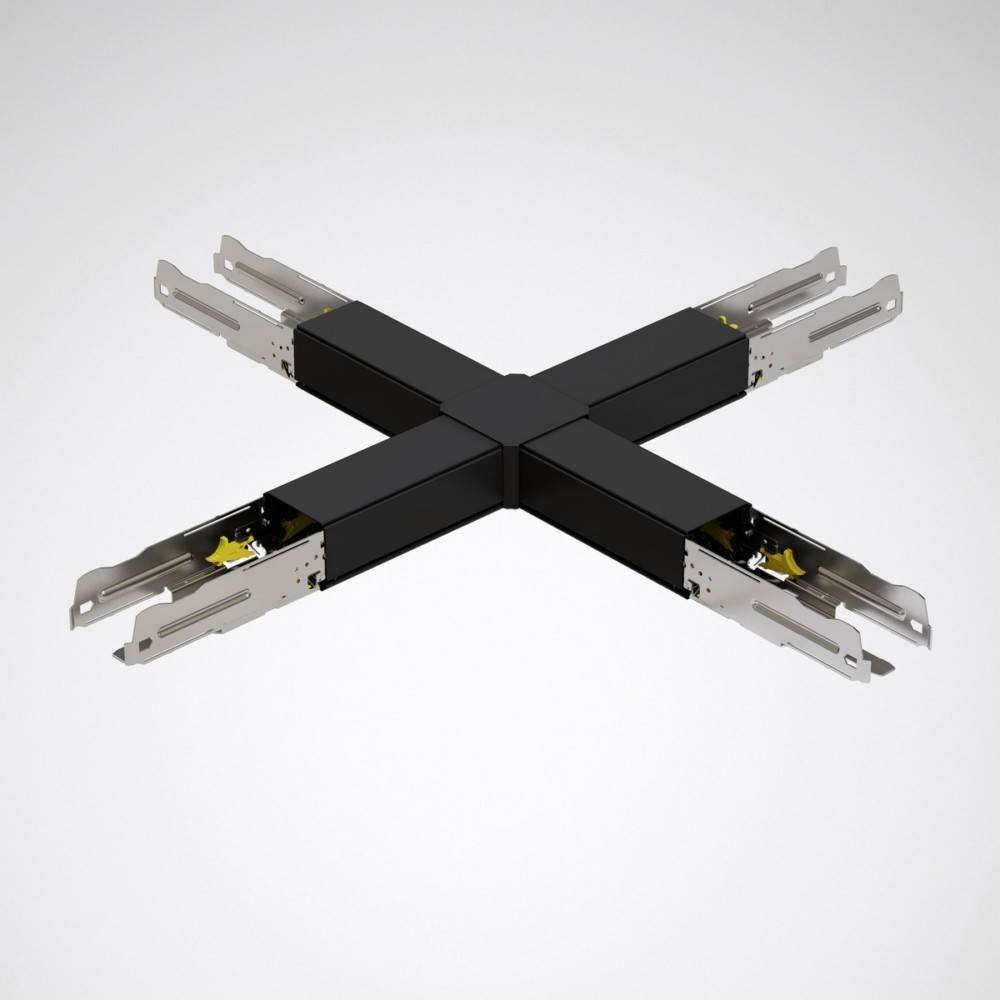 X-förmiger schwarzer und silberner modularer Verbinder für ein Schienensystem, der entwickelt wurde, um mehrere Schienen in vier Richtungen zu verbinden.