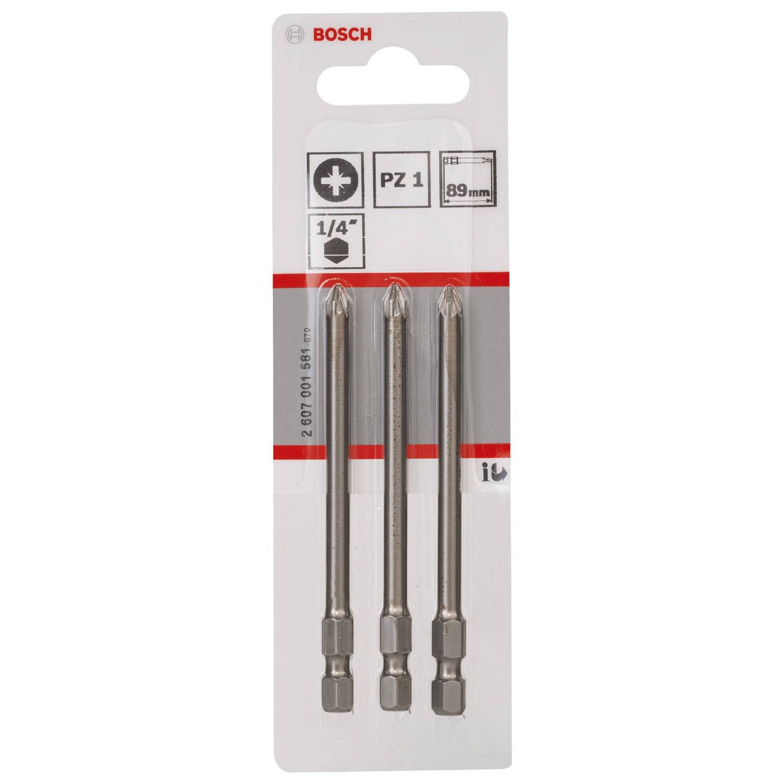 Verpackung von drei Bosch PZ1 Schraubendreher-Bits, 89 mm lang, 1/4 Zoll Sechskantschaft, geeignet für Elektrowerkzeuge, vertikal präsentiert.