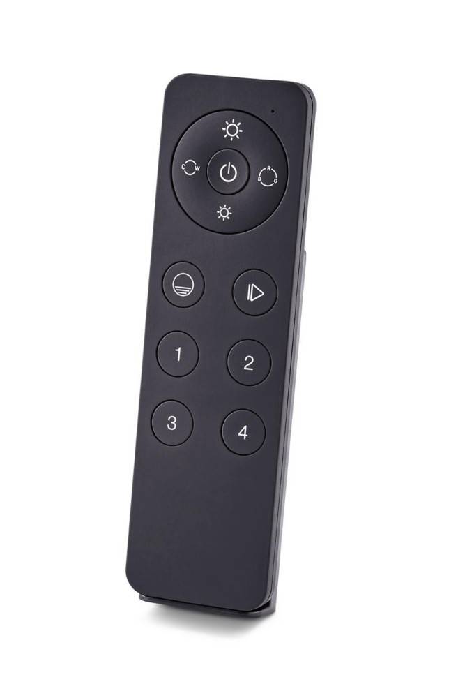 Schwarze Fernbedienung mit neun Tasten. Obere Tasten für Ein-/Ausschaltung und Helligkeit, mittlere für Funktionen, untere nummeriert von 1 bis 4.