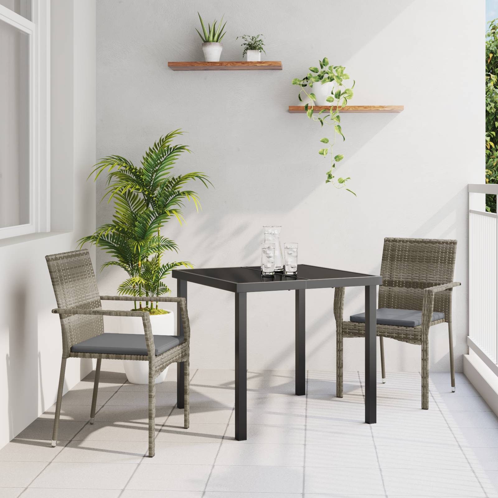 vidaXL 3-teiliges Garten-Ess-Set mit Kissen Grau Poly-Rattan