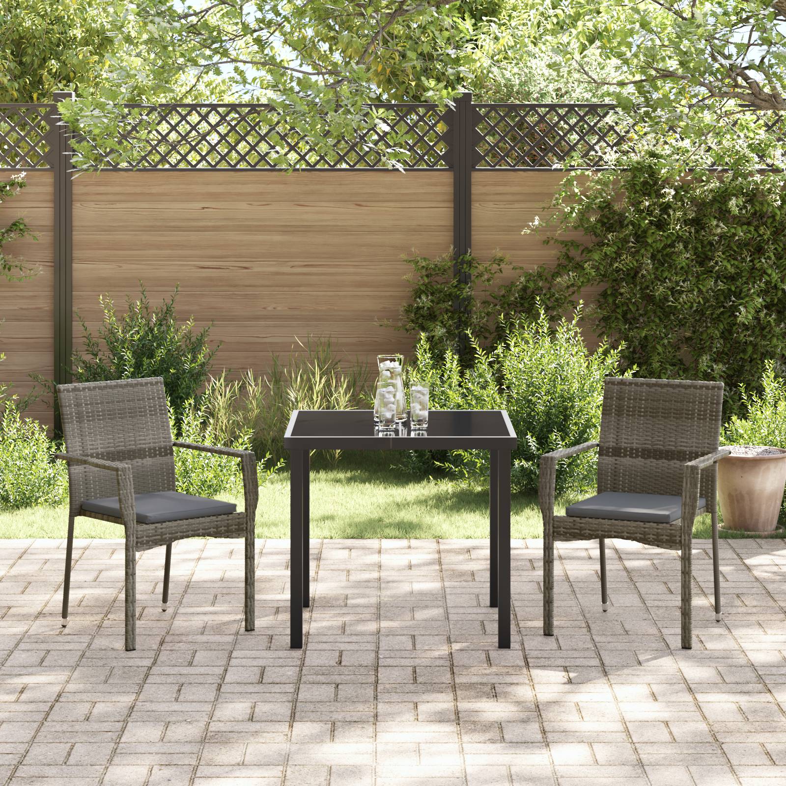 vidaXL 3-teiliges Garten-Ess-Set mit Kissen Grau Poly-Rattan
