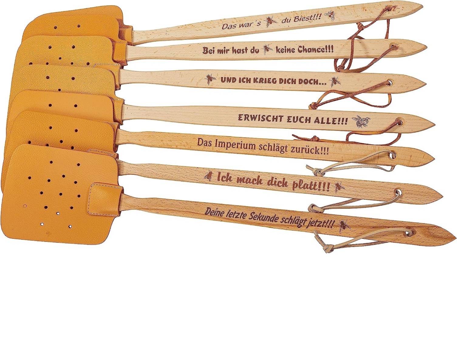Neustanlo - Fliegenklatsche aus Holz und Leder - mit Spruch Das war´s du Biest!!! - extra stark - mit Holzstiel und Lederband - 47,5 cm