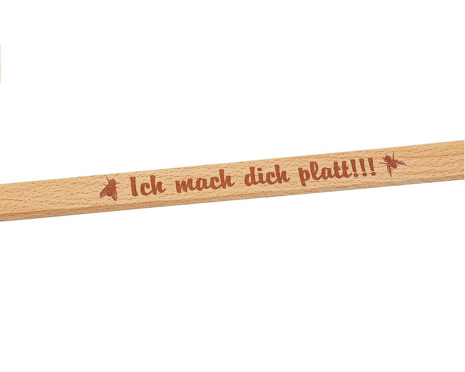 Neustanlo - Fliegenklatsche aus Holz und Leder - mit Spruch Ich mach Dich platt!!! - extra stark - mit Holzstiel und Lederband - 47,5 cm