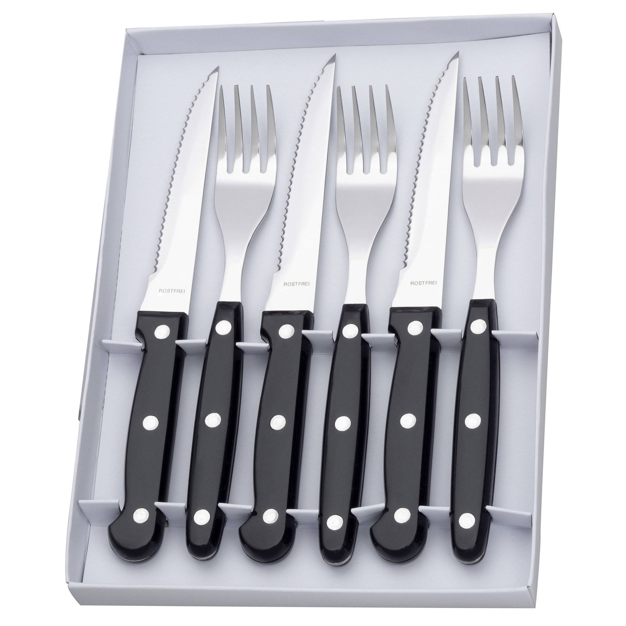 Neustanlo | Steakmesser Set | 6 Stück | Edelstahlklinge mit Wellenschliff | robuste Kunststoffgriffe | klassisch schwarz | perfekt als Menümesser