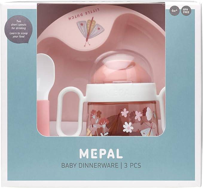 Mepal - Baby 3er Geschirrset Mio - Inklusive auslaufsicherem Trinkbecher, Lernteller & Lernlöffel - Spülmaschinengeeignet & BPA frei - 3er Set - Flo