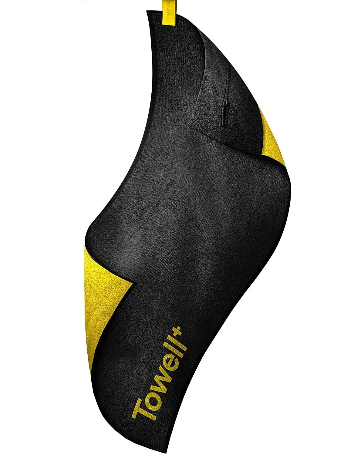 STRYVE | Towell + | Sporthandtuch mit Tasche und Magnetclip | Black and Yellow Edition | ideal für Fitnessstudios | bekannt aus Die Höhle der Löwen