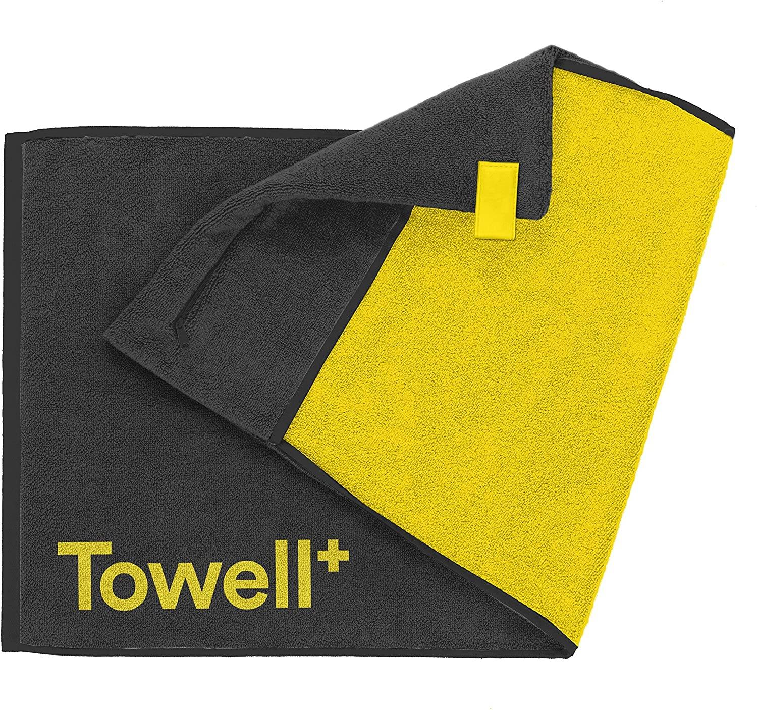 STRYVE | Towell + | Sporthandtuch mit Tasche und Magnetclip | Black and Yellow Edition | ideal für Fitnessstudios | bekannt aus Die Höhle der Löwen