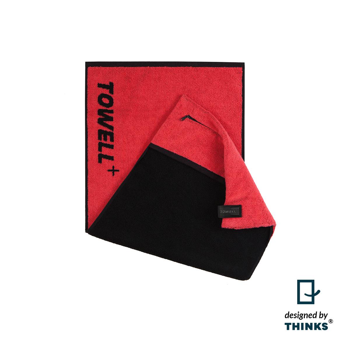 Stryve | Towell + | Sporthandtuch mit integrierter Tasche | Magnetclip für einfache Befestigung | stylisch Rot/Schwarz | ideal für Fitness und Train
