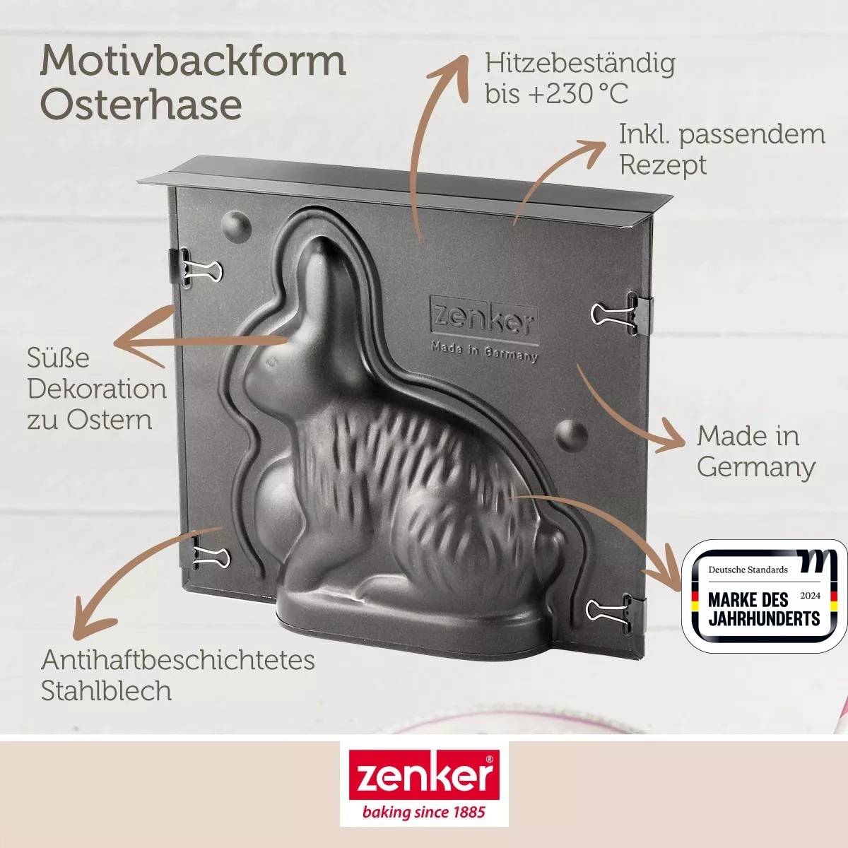Zenker Vollbackform Hase für Ostern - 600 ml Füllvolumen - 3D Kuchenform mit Antihaftbeschichtung mit Osterhase als Motiv zum backen - Leckere Deko