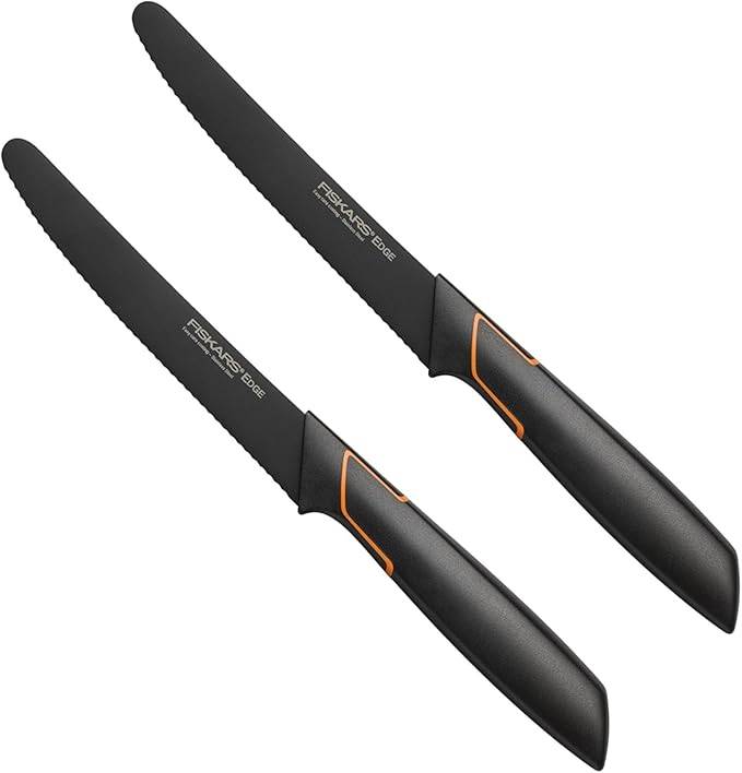 Fiskars - 2er Tafelmesser Set - Tomatenmesser Edge mit Wellenschliff rostfrei - Modernes Design - Schwarz