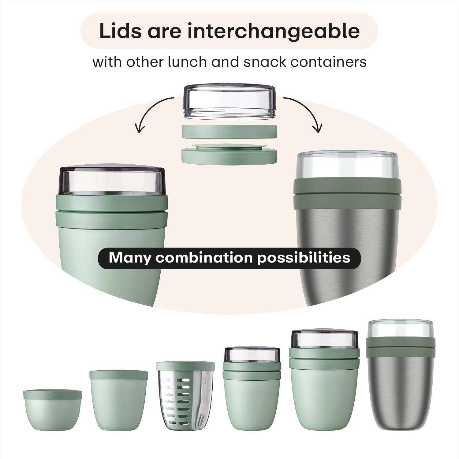 Mepal | Lunchpot Ellipse Mixed Mini | Campus Red + Vivid Green | Müslibecher to go | Unterteilung für Joghurt & Müsli | 300 ml + 120 ml | Geeignet
