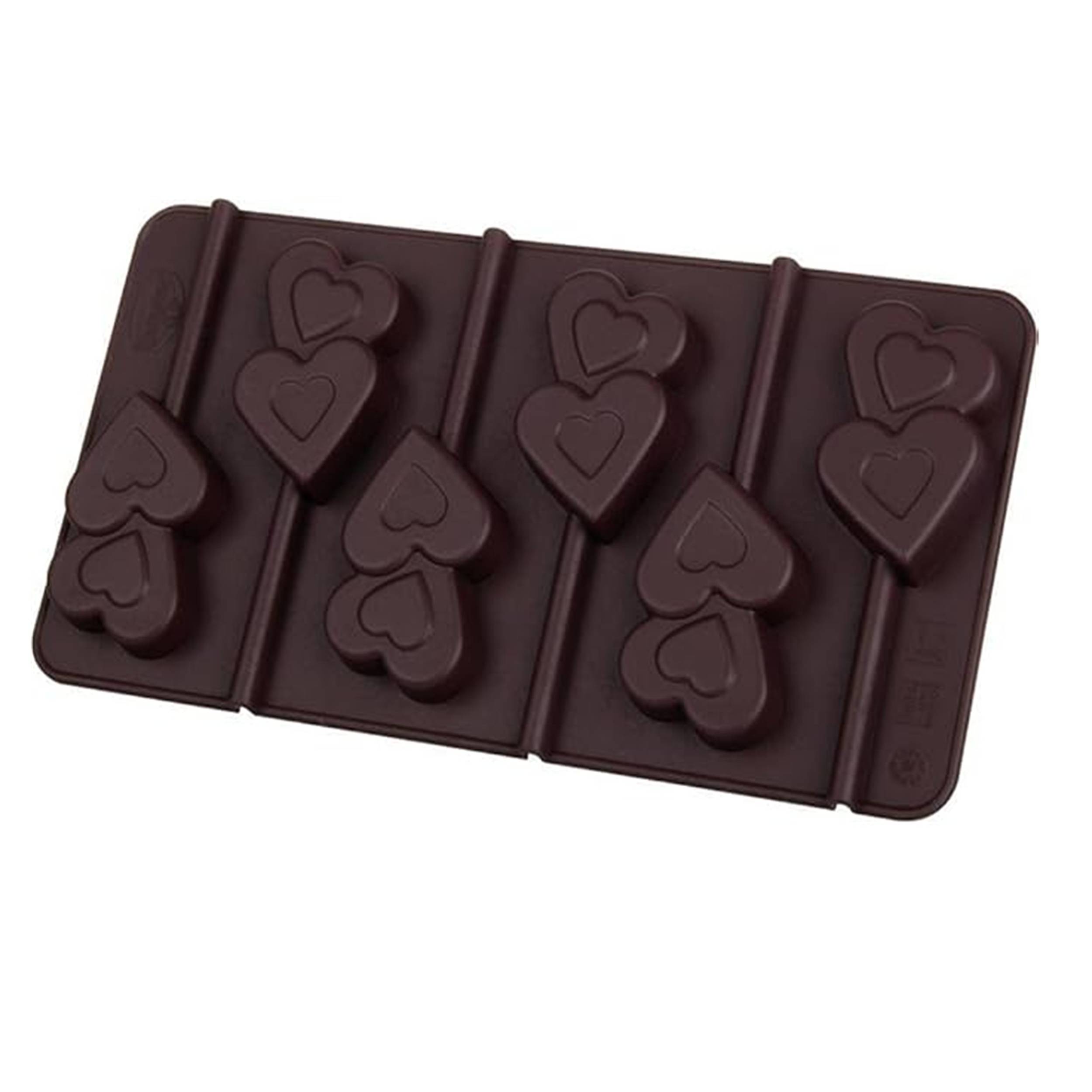 Dr. Oetker Silikon-Schokoladenform "Lolli-Herzen" 2er Set inkl. 12 Sticks, (Farbe: Braun) - spülmaschinengeeignet, Menge: 1 x 2er Set