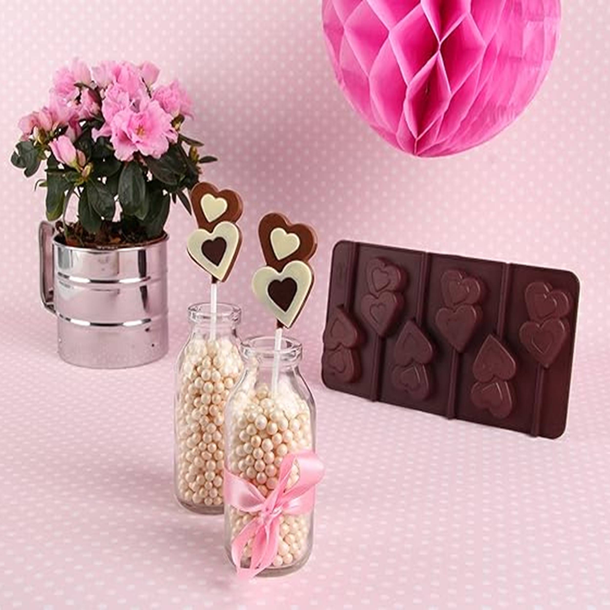 Dr. Oetker Silikon-Schokoladenform "Lolli-Herzen" 2er Set inkl. 12 Sticks, (Farbe: Braun) - spülmaschinengeeignet, Menge: 1 x 2er Set