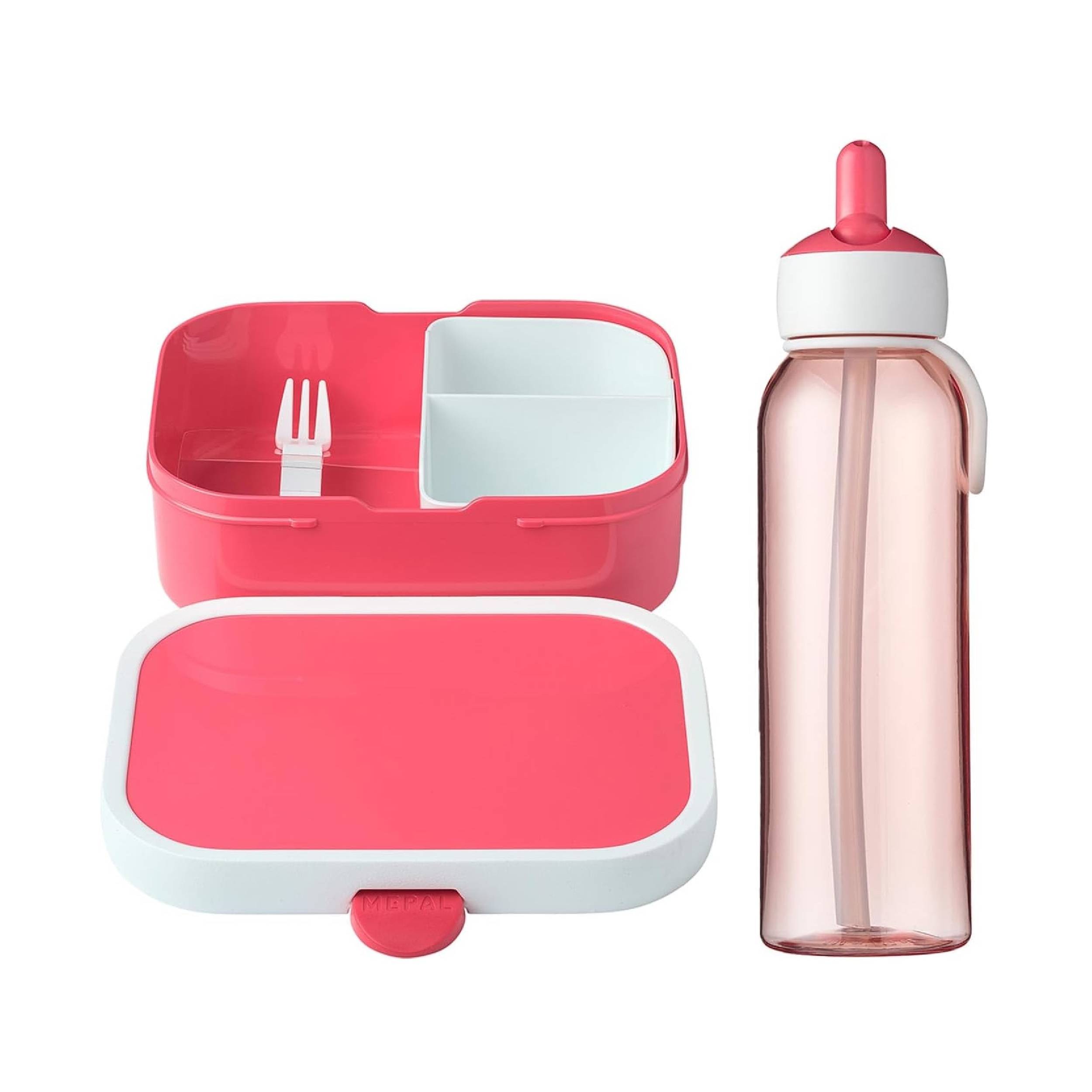 Mepal Lunchset Campus Flip-up Trinkflasche Wasserflasche für Kinder mit Strohhalm Bento-Brotdose mit Einsatz & Mini-Gabel kohlensäuregeeignet auslau