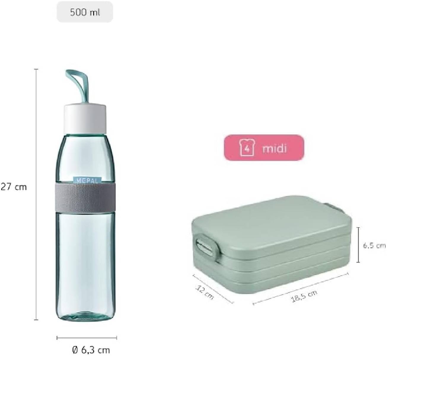 Mepal - Take a Break midi + Trinkflasche Ellipse 500 ml - Nordic Sage - Lunchbox mit Trennwand - ideal für Mealprep-kohlensäuregeeignet -auslaufsich