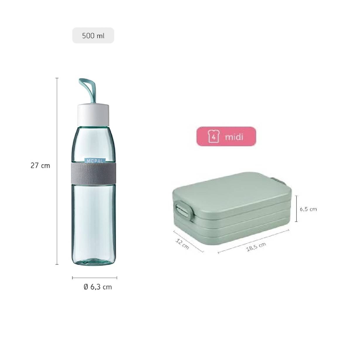 Mepal- Take a Break midi + Trinkflasche Ellipse 500 ml - Vivid Mauve - Lunchbox mit Trennwand - ideal für Mealprep-kohlensäuregeeignet -auslaufsiche