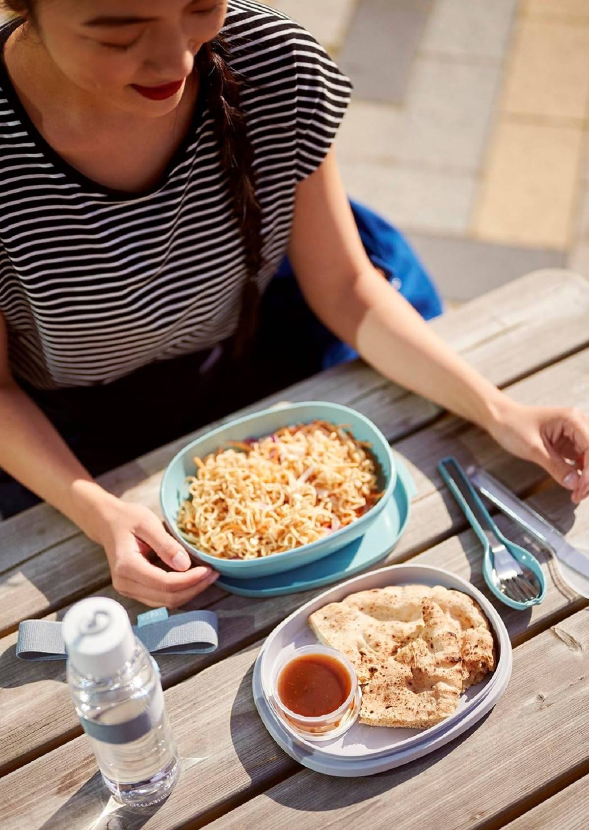 Mepal 105760013800 To Go Set Ellipse 3-teilig Nordic blue  Besteck für unterwegs. Bestehend aus Messer, Gabel und Löffel, in hellblau Kunststoffh