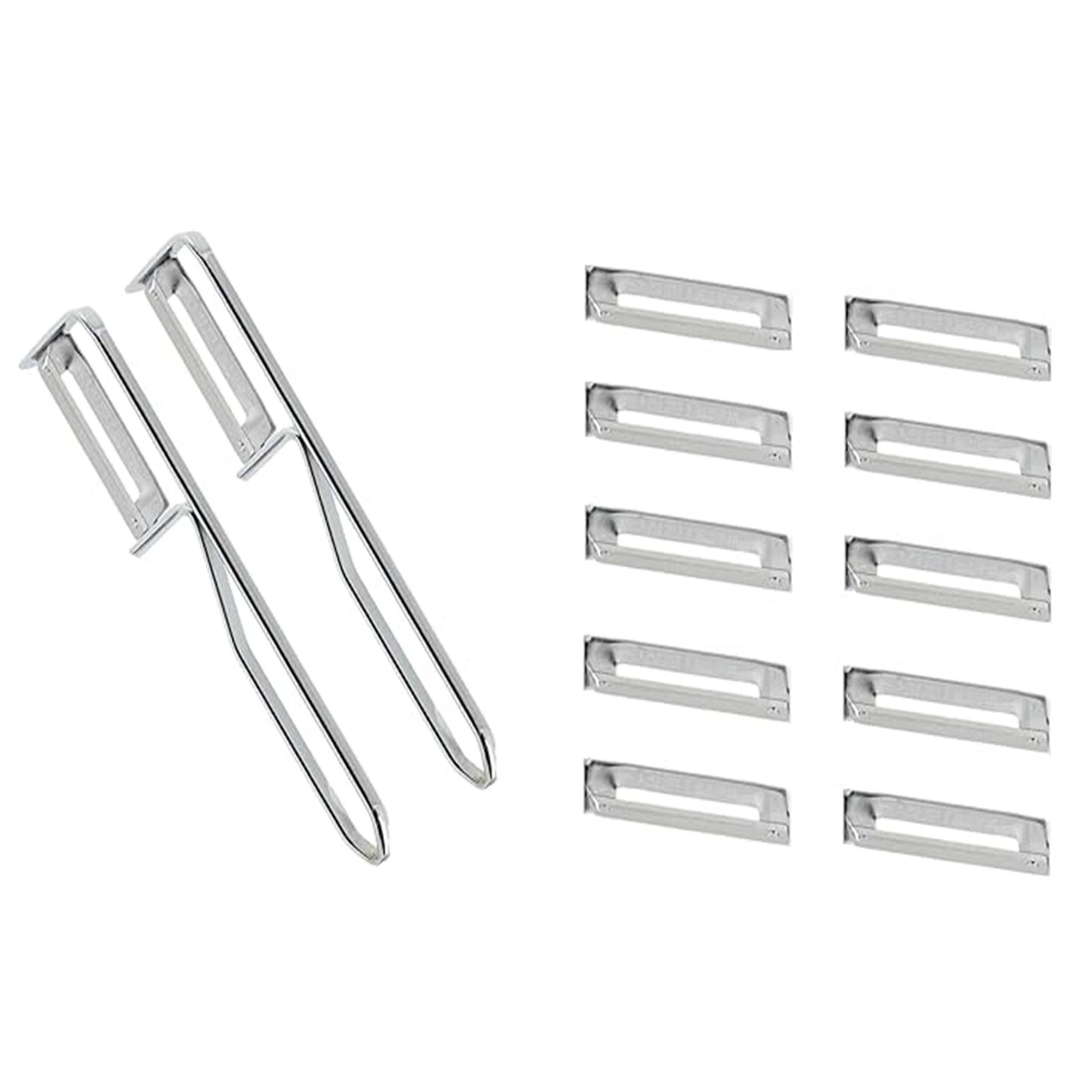 2 Stück Fackelmann - Universal-Sparschäler/Pendelschäler inkl. 10er Pack Ersatzklingen, ideal für Spargel, Obst und Gemüse, Edelstahl/Stahl - Sil