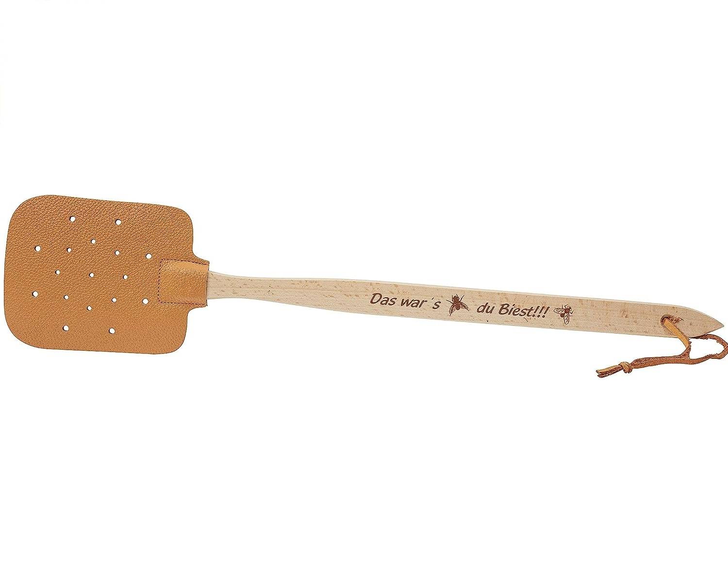 Neustanlo - Fliegenklatsche aus Holz und Leder - mit Spruch Das war´s du Biest!!! - extra stark - mit Holzstiel und Lederband - 47,5 cm