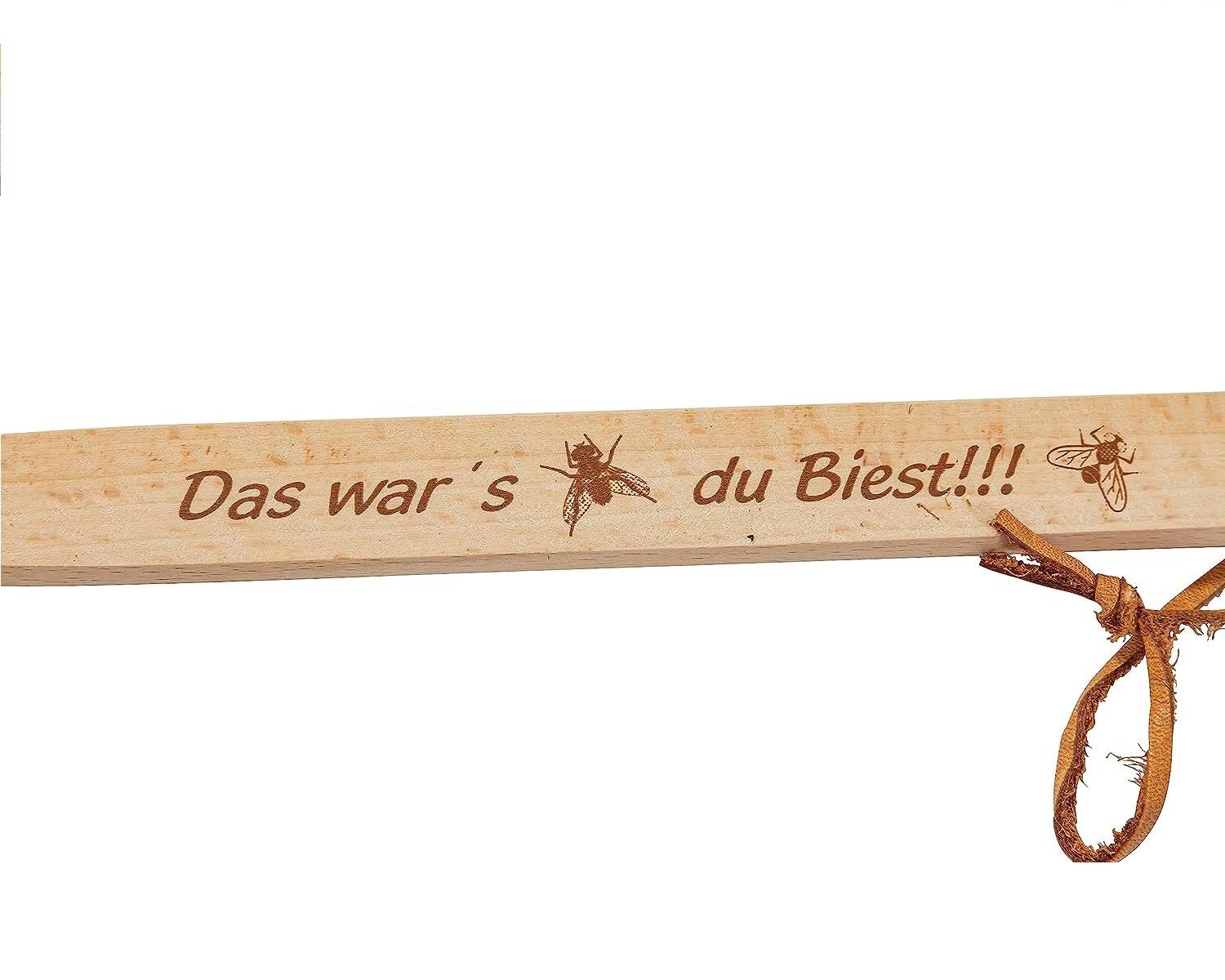 Neustanlo - Fliegenklatsche aus Holz und Leder - mit Spruch Das war´s du Biest!!! - extra stark - mit Holzstiel und Lederband - 47,5 cm