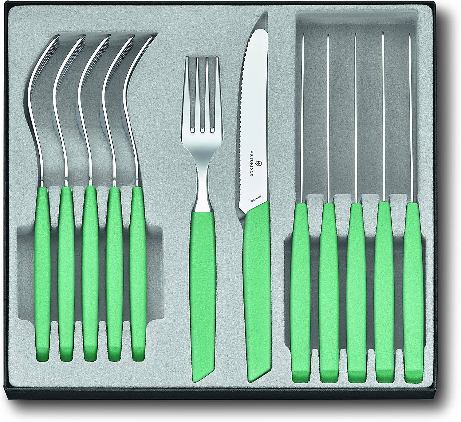 Victorinox Swiss Modern Besteck-Set für 6 Personen, 12-teilig, inkl. scharfe Messer mit Wellenschliff, Kunststoffgriffe, Minzgrün