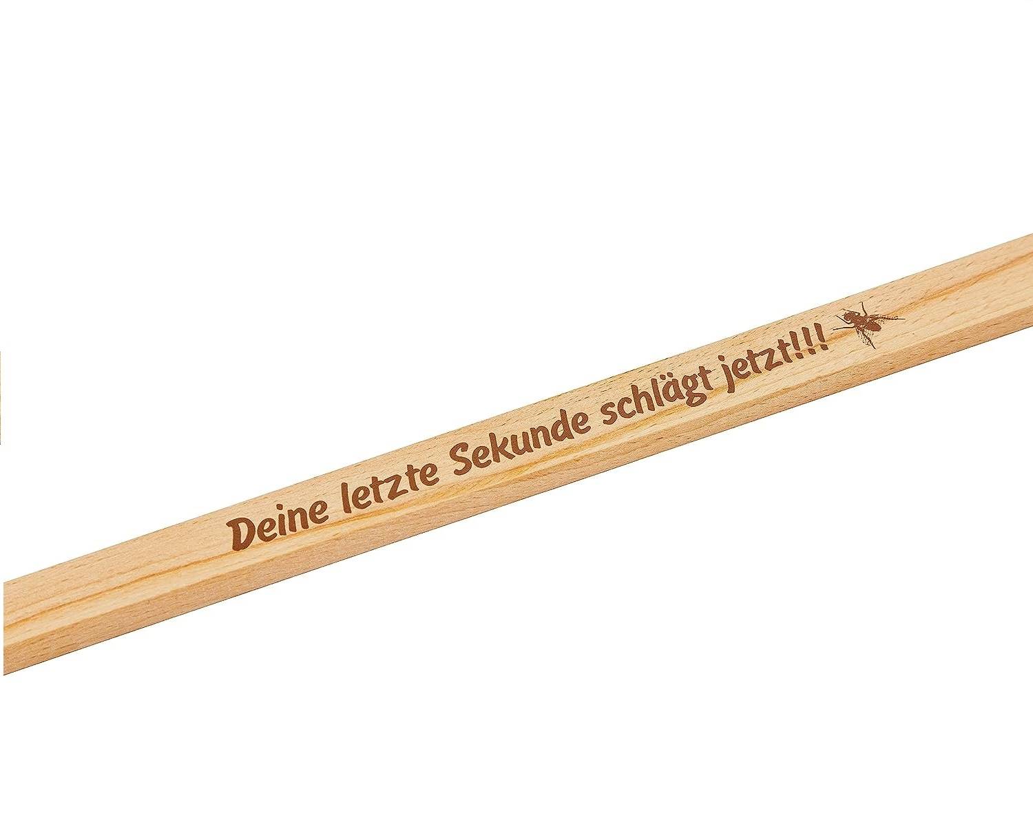 Neustanlo - Fliegenklatsche aus Holz und Leder - mit Spruch Deine letzte Sekunde schlägt jetzt!!! - extra stark - mit Holzstiel und Lederband - 47,5