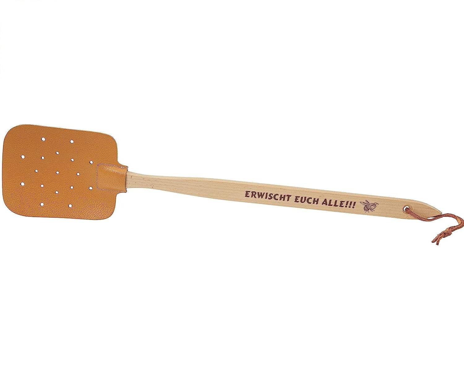 Neustanlo - Fliegenklatsche aus Holz und Leder - mit Spruch Erwischt euch alle!!! - extra stark - mit Holzstiel und Lederband - 47,5 cm