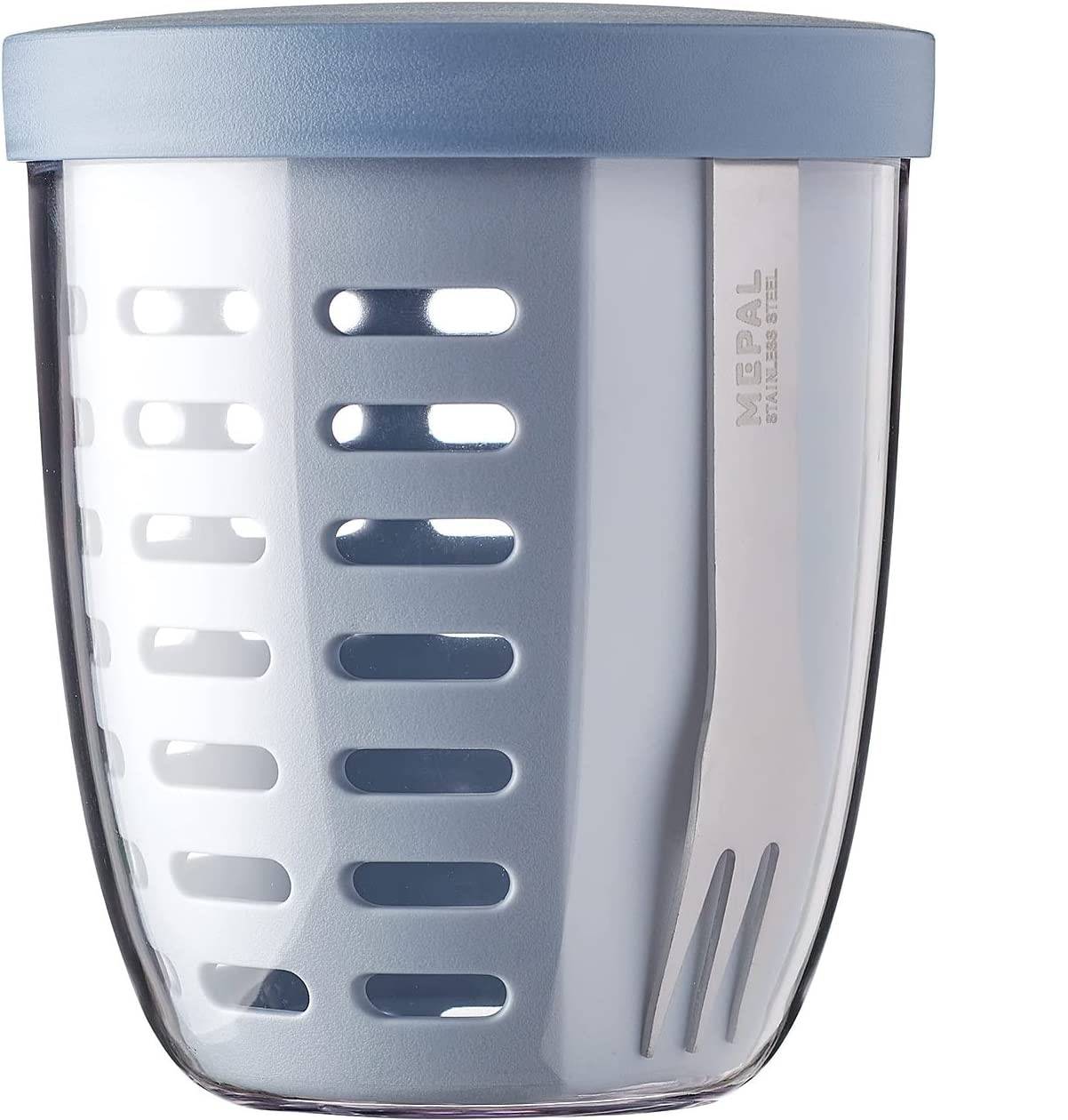 Mepal - Fruitpot Ellipse - Ideal für Früchte, Obst und Gemüse unterwegs - Mit Abtropfsieb und Gabel - Spülmachinenfest - 600 ml - Nordic blue neu