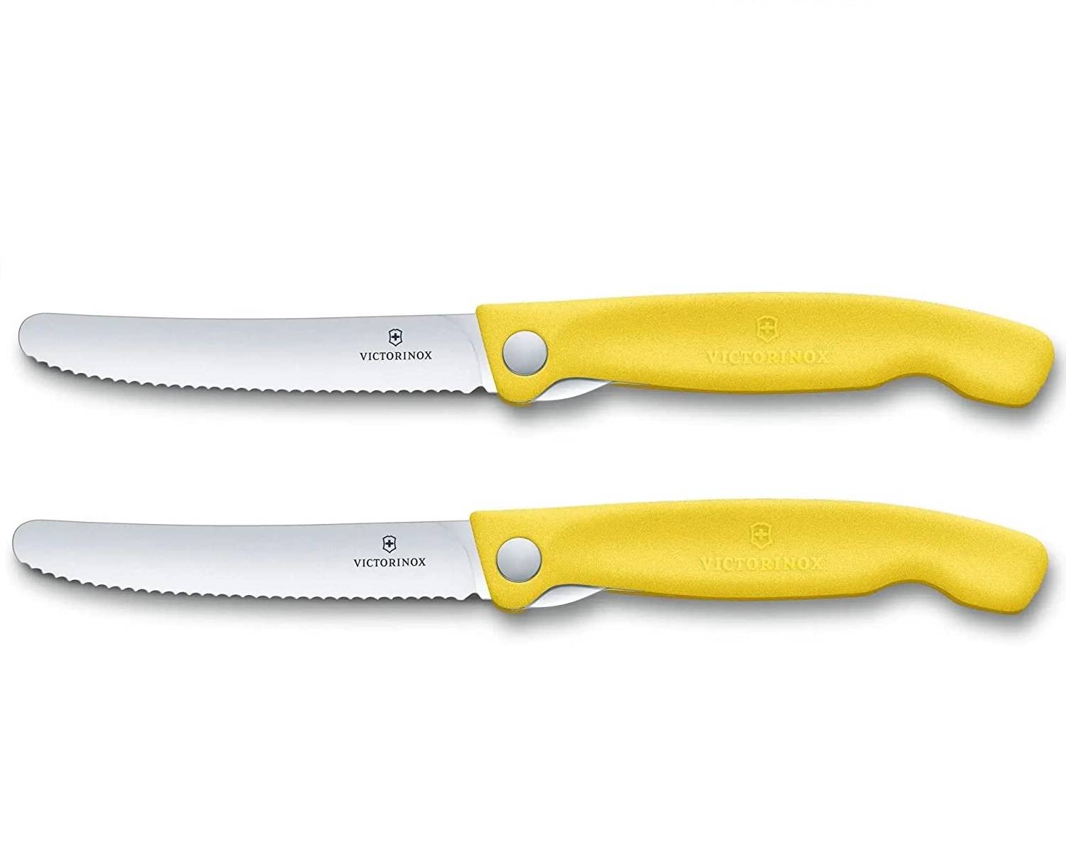 Victorinox 2-tlg Swiss Classic Faltbares Gemüsemesser / Tafelmesser Set, Wellenschliff Gelb