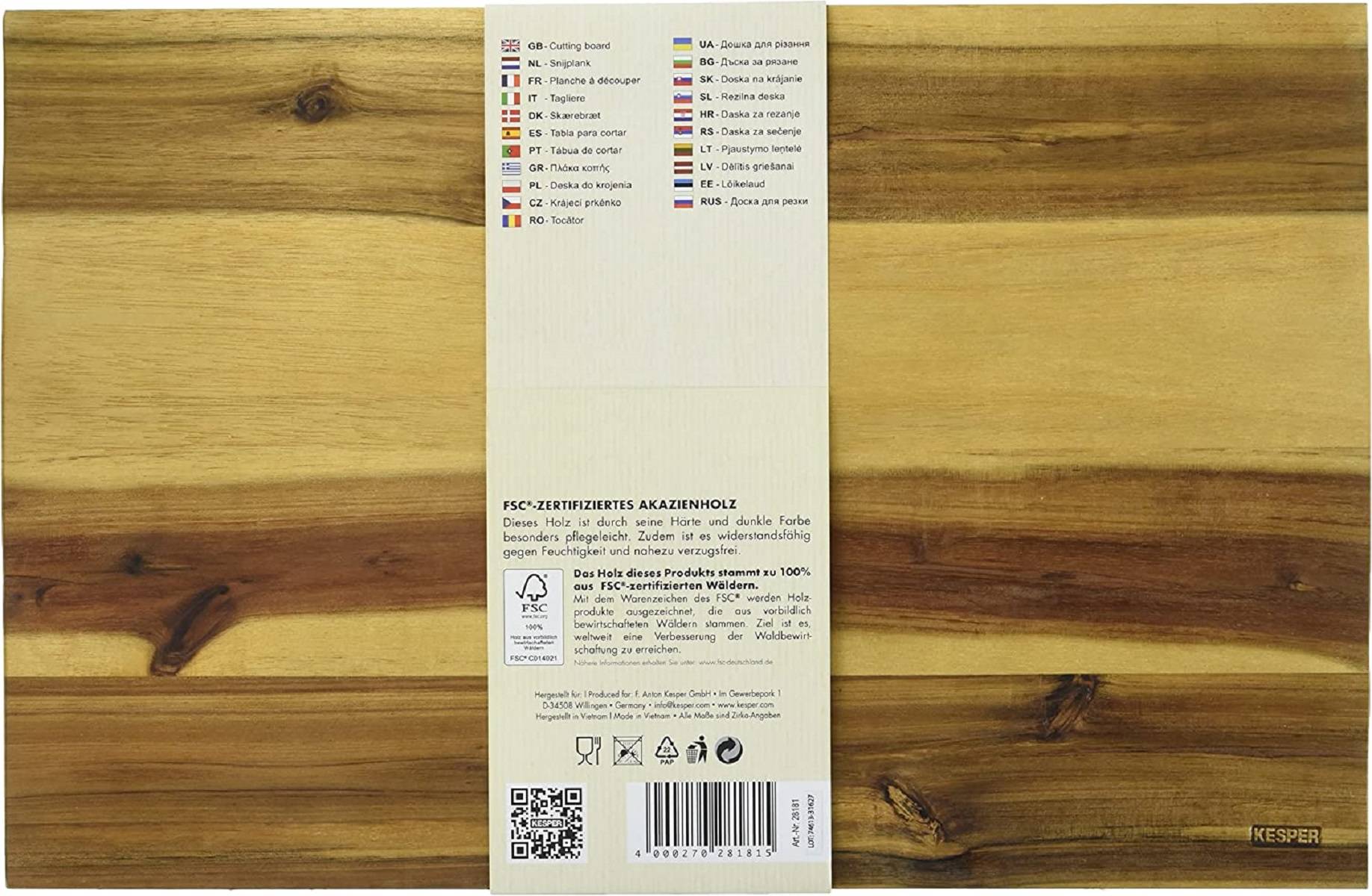 Kesper 28181 Tranchierbrett 40x26x1,5cm aus Akazie, Braun, 40 x 26 x 1,5 cm