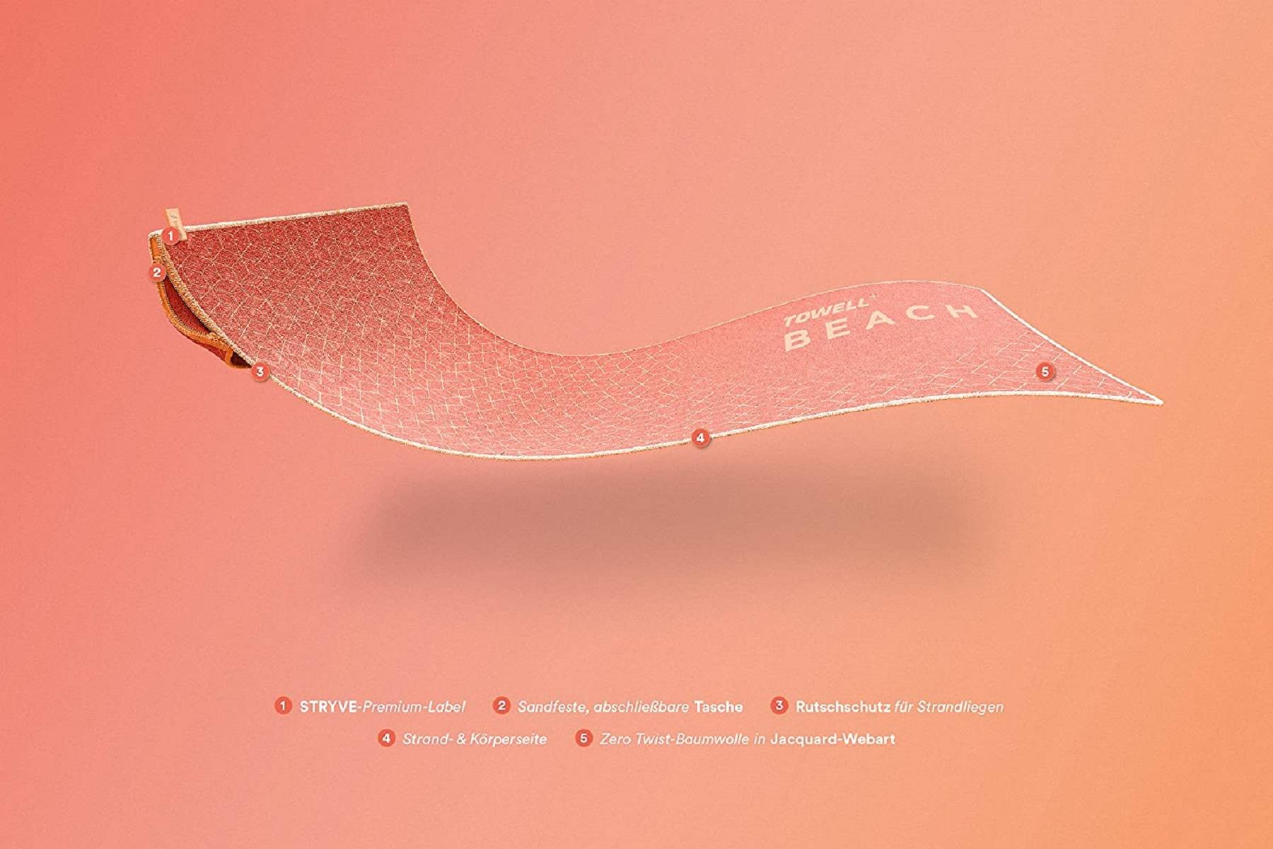Stryve TOWELL+Beach | Großes Strandhandtuch 180 x 90 cm | Perfektes Urlaubszubehör | inklusive Aufbewahrungstasche | Farben: Grau, Blau, Peach