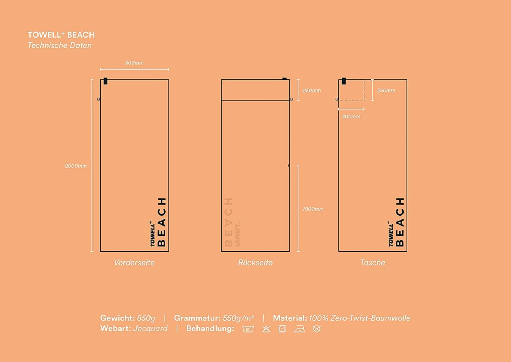 Stryve TOWELL+Beach | Großes Strandhandtuch 180 x 90 cm | Perfektes Urlaubszubehör | inklusive Aufbewahrungstasche | Farben: Grau, Blau, Peach