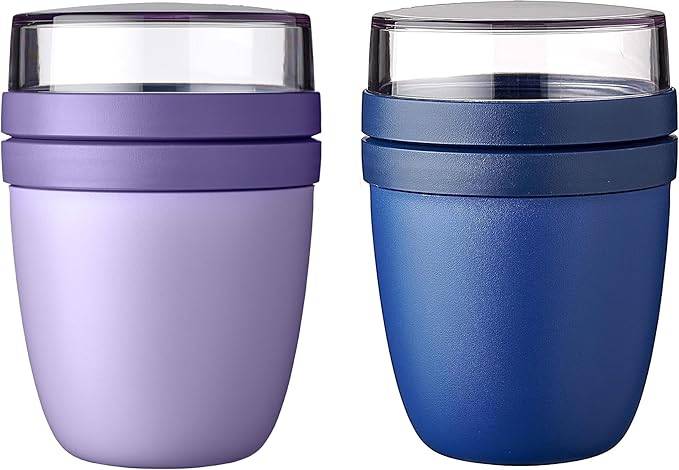 Mepal | Lunchpot Ellipse Mixed Mini | Vivid Lilac + Vivid Blue | Müslibecher to go | Unterteilung für Joghurt & Müsli | 300 ml + 120 ml | Geeignet