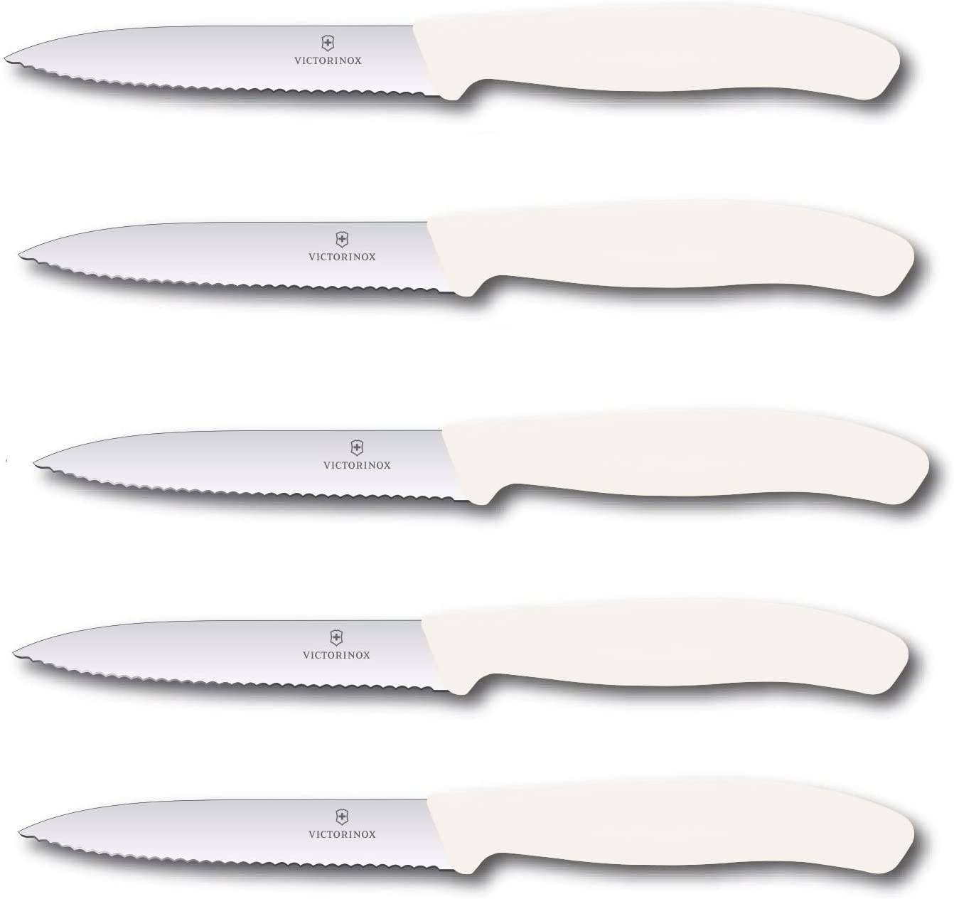 Victorinox | Swiss Classic Gemüsemesser Set | 10 cm Wellenschliff | perfekt für Tomaten | 5er Set | Weiß | ideal für präzises Schneiden und Schä