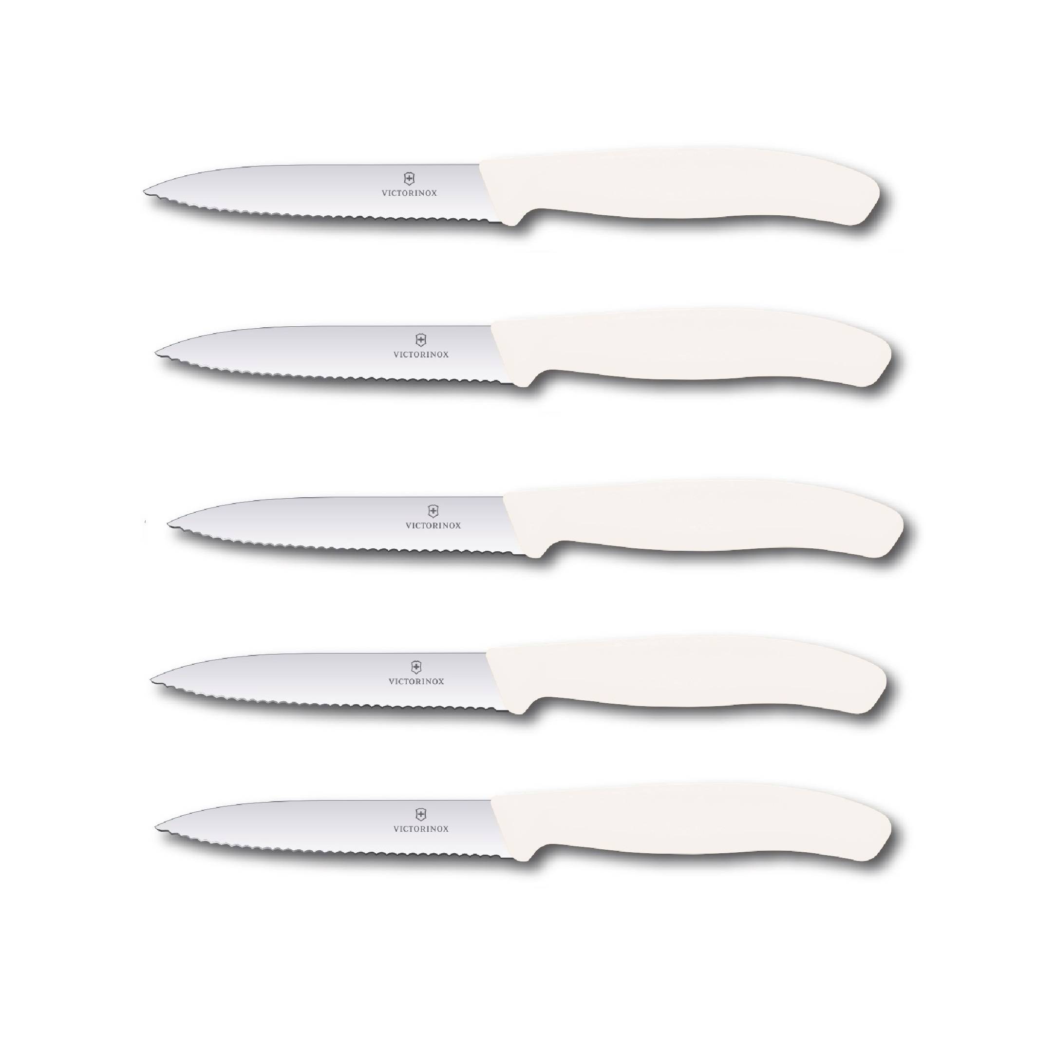 Victorinox | Swiss Classic Gemüsemesser Set | 10 cm Wellenschliff | perfekt für Tomaten | 5er Set | Weiß | ideal für präzises Schneiden und Schä