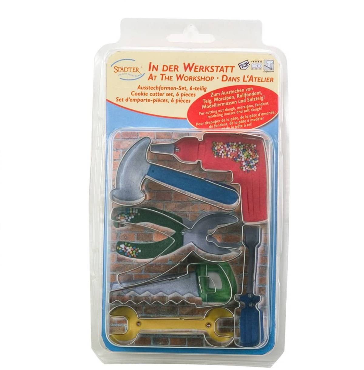 Städter 199002 Ausstechformen-Set Werkstatt (Bohrmaschine, Säge, Hammer, Schraubschlüssel, Schraubenzieher, Zange), 6-teilig, Edelstahl, rostfrei