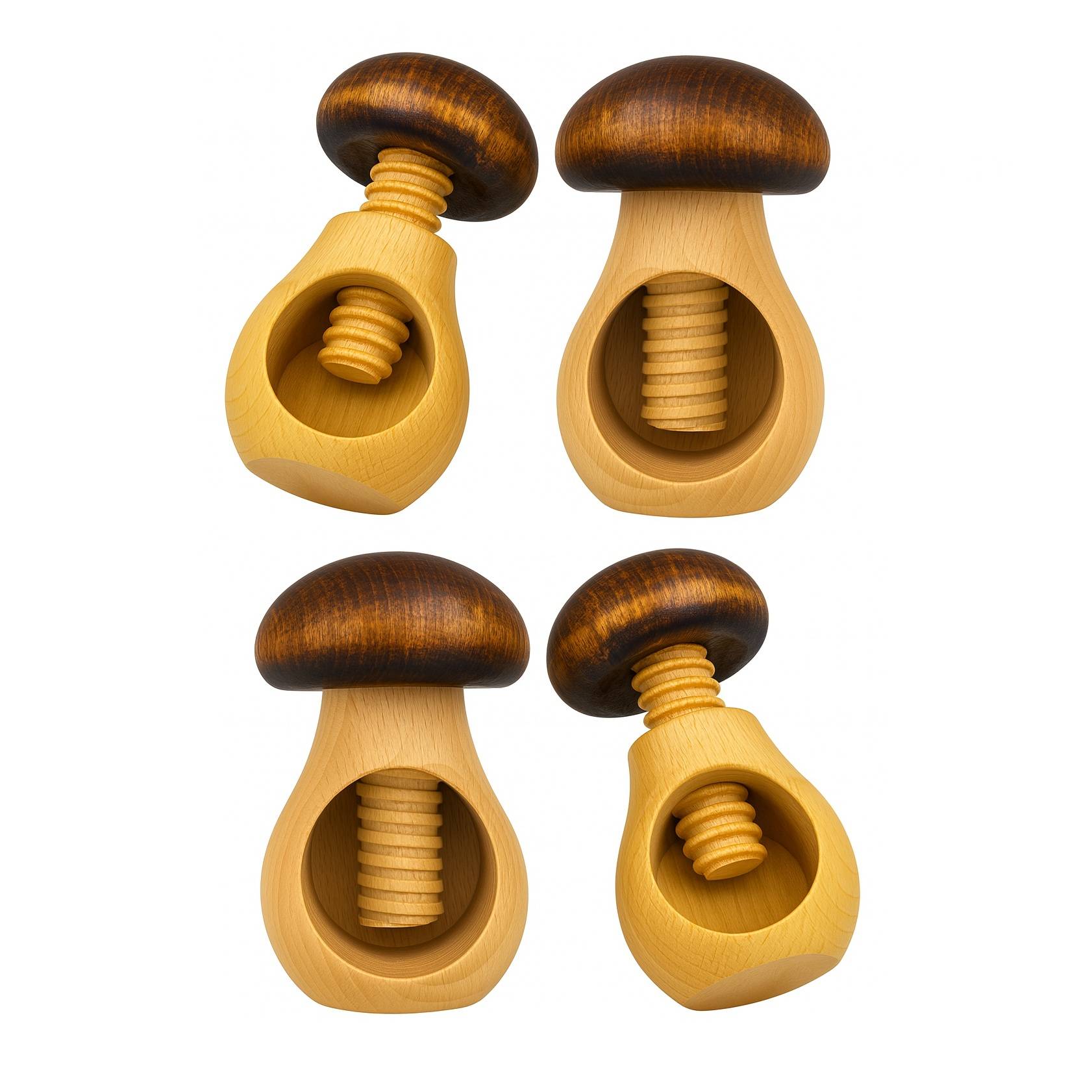 NEUSTANLO Nussknacker Set 4-teilig | Pilz Design in Braun | massives Buchenholz handgefertigt | Schraubgewinde mit dickem Gewinde | klassischer