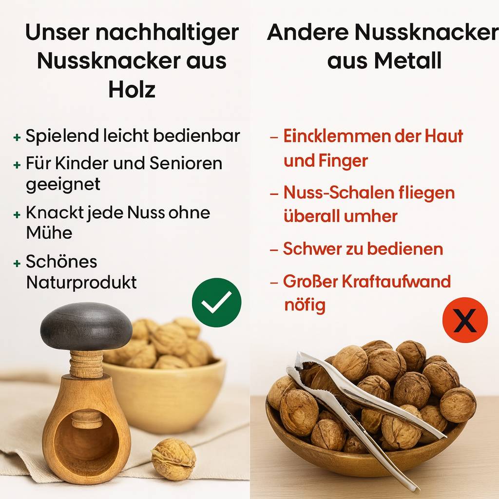 NEUSTANLO Nussknacker Set 4-teilig | Pilz Design in Braun | massives Buchenholz handgefertigt | Schraubgewinde mit dickem Gewinde | klassischer