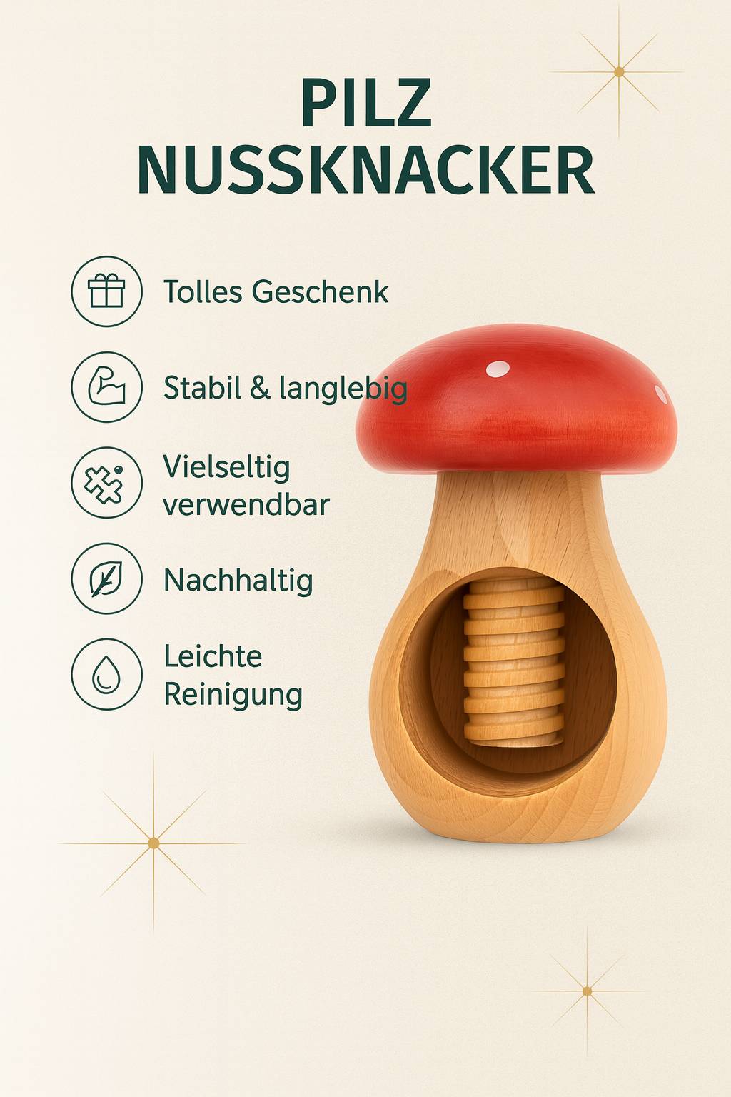 NEUSTANLO Nussknacker Set 4-teilig | Pilz Design in Braun | massives Buchenholz handgefertigt | Schraubgewinde mit dickem Gewinde | klassischer