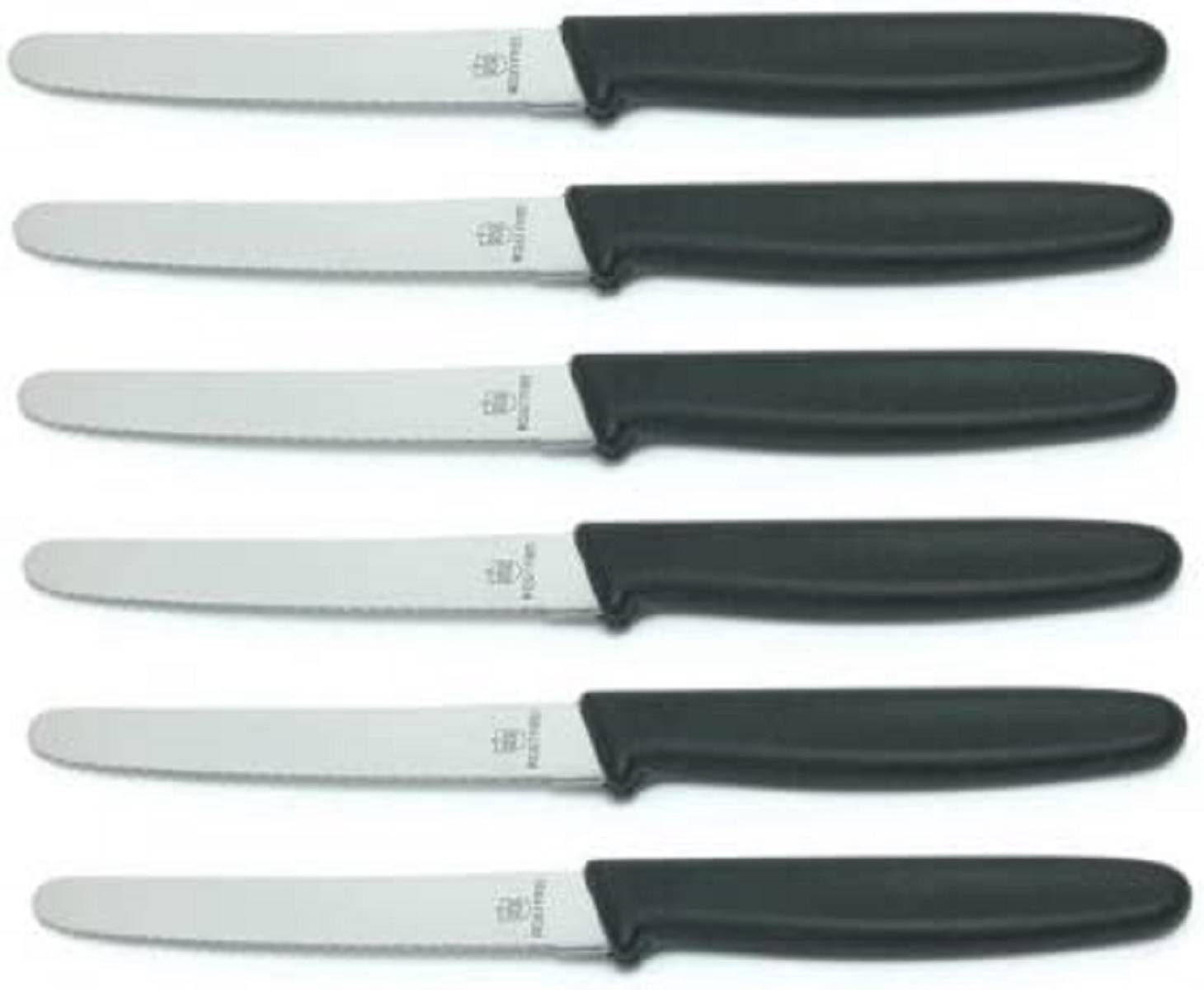 6 Stück Tafelmessser 10299 Menümesser Tischmesser Buttermesser Brötchenmesser / Klinge Eldelstahl rostfrei Wellenschliff / Griffe Kunststoff schwar