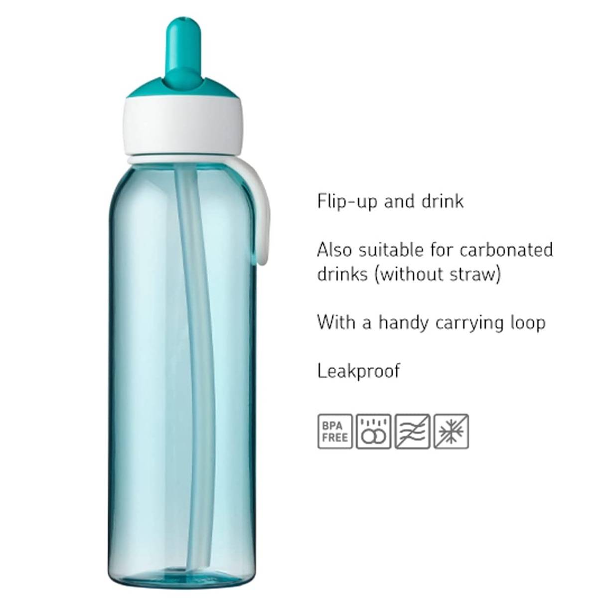 Mepal – Trinkflasche mit Strohhalm Campus Flip-up 500 ml türkis – Wasserflasche für Kinder mit Strohhalm– kohlensäuregeeignet – auslaufsich