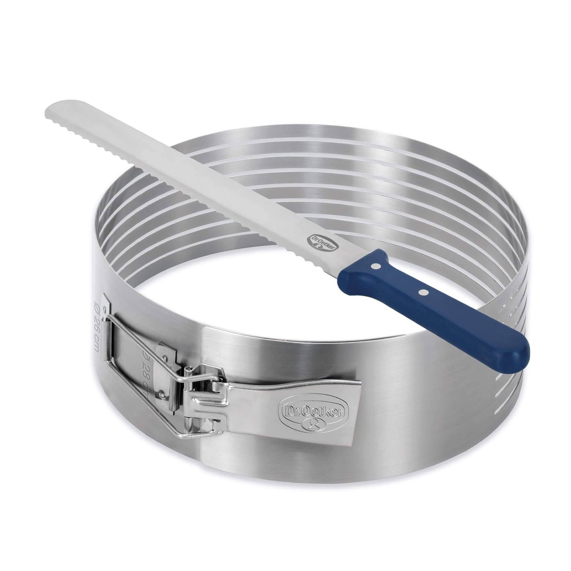 Dr. Oetker Tortenboden-Schneidhilfe Ø26-28 Set, inklusive Konditor-/Glasurmesser, zum leichten Schneiden von Tortenböden, gleichmäßige Tortenböde