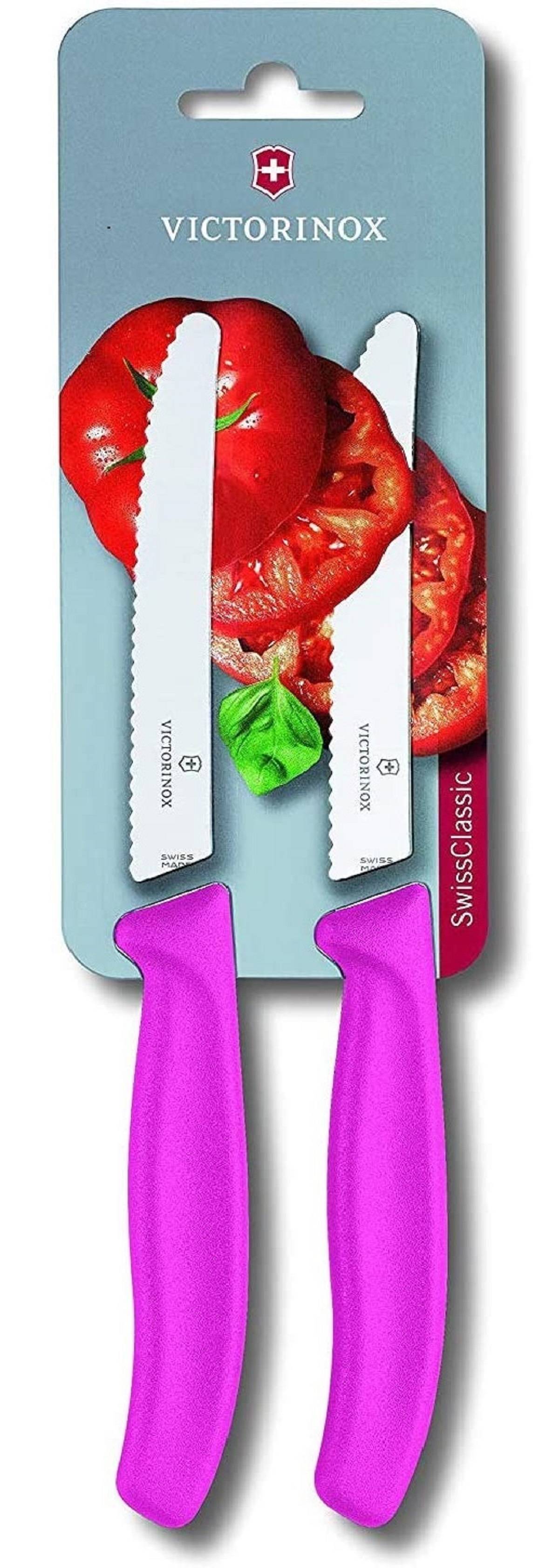 Victorinox Swiss Classic 2er Set Gemüsemesser mit Wellenschliff, 11 cm Klinge, Klingenschutz, Spülmaschinengeeignet, pink rosa