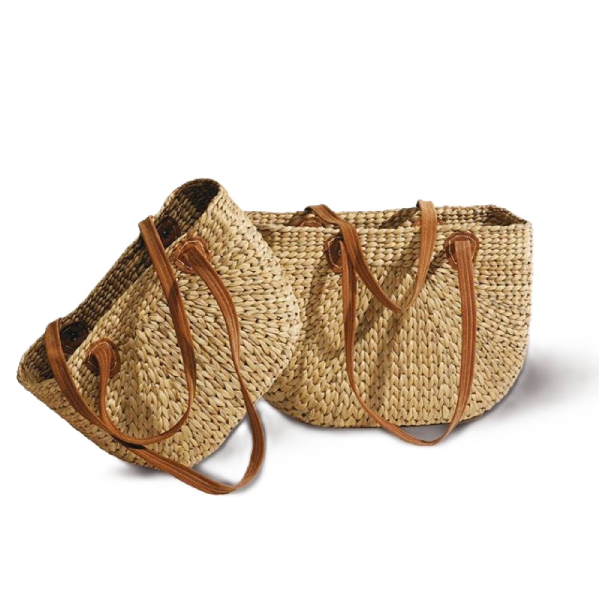 Neustanlo | Einkaufstasche "Virella" groß | Einkaufskorb langer Henkel | aus Wasserhyazinthe | 43x18x30 cm | Echtlederhenkel