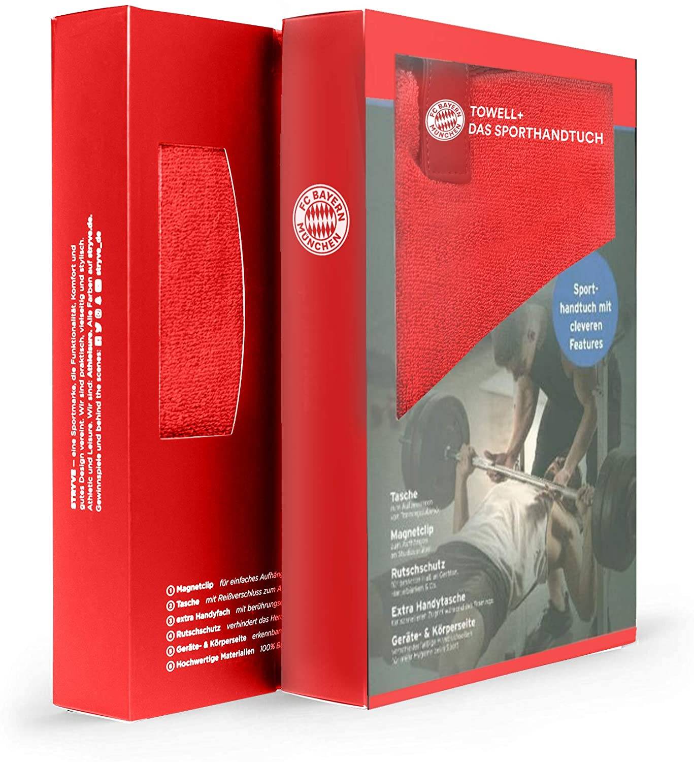 Stryve Towell+ | Sporthandtuch mit integrierter Tasche und Magnetclip | Bekannt aus Die Höhle der Löwen | FC Bayern Edition | saugfähig und schnell
