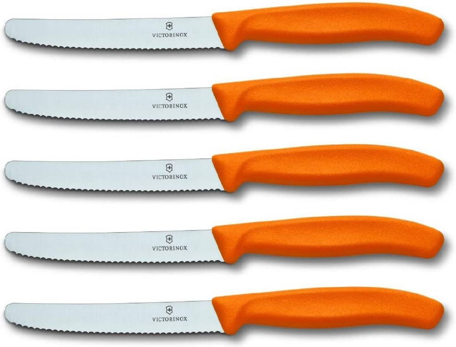 Victorinox | Tomatenmesser Set | Swiss Classic Wellenschliff | Orange Design | 11 cm Klingenlänge | ideal für präzises Schneiden und Schälen von
