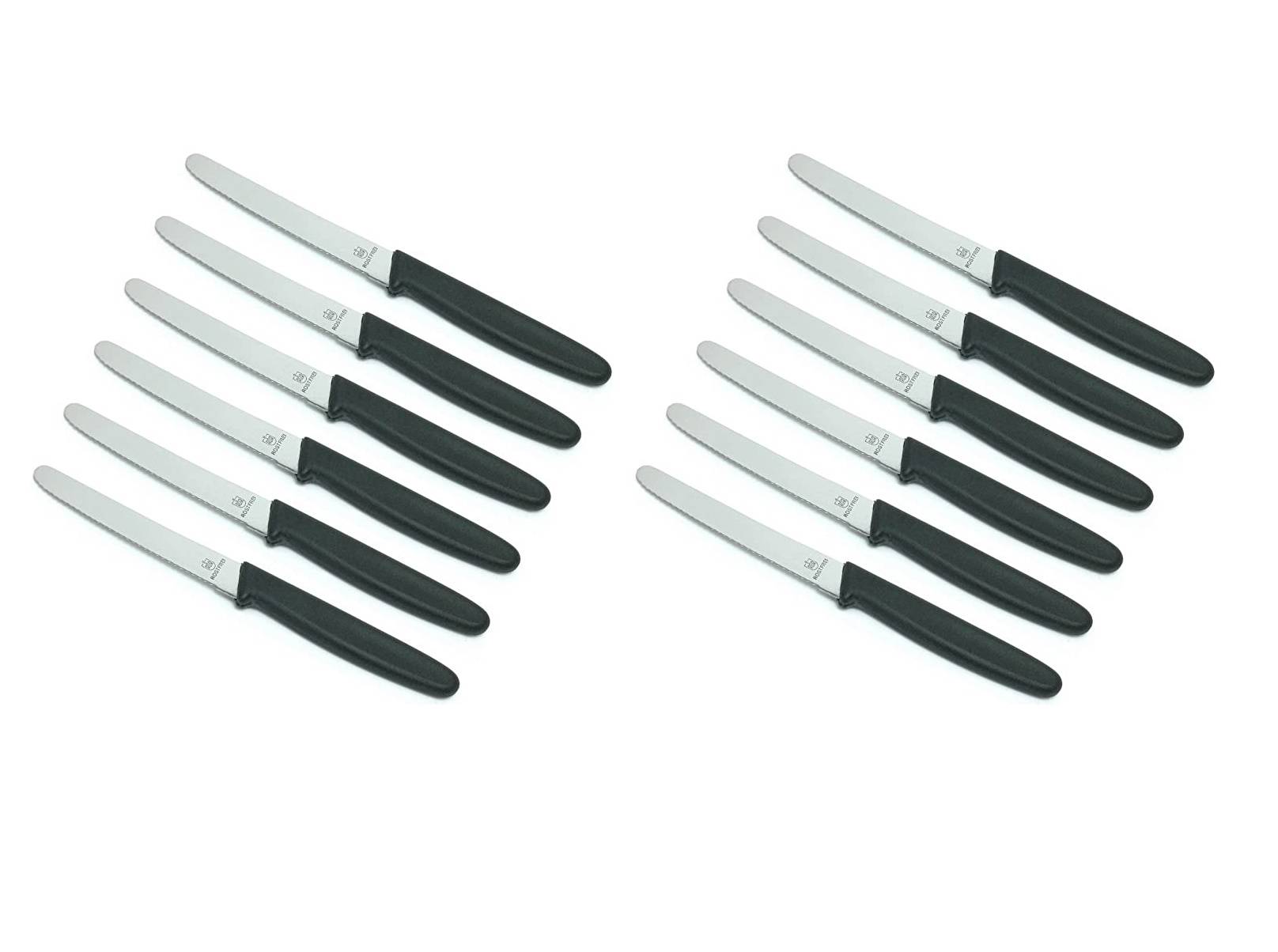 Neustanlo | Tafelmesser Set 12 Stück | rostfreie Edelstahlklinge mit Wellenschliff | schwarze Kunststoffgriffe | ideal für Brötchen und Butter